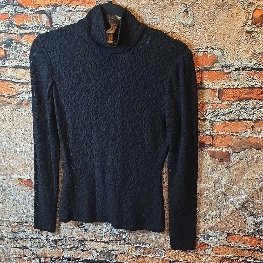 Per Se Black Lace Mock Turtleneck Top, Sz XS